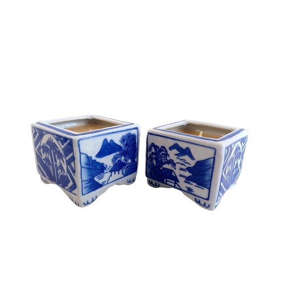 Vintage Set of 2 Delft Blue Trinket Holders Porcelain Hand Painted 3x3" Oriental - Picture 1 of 6
